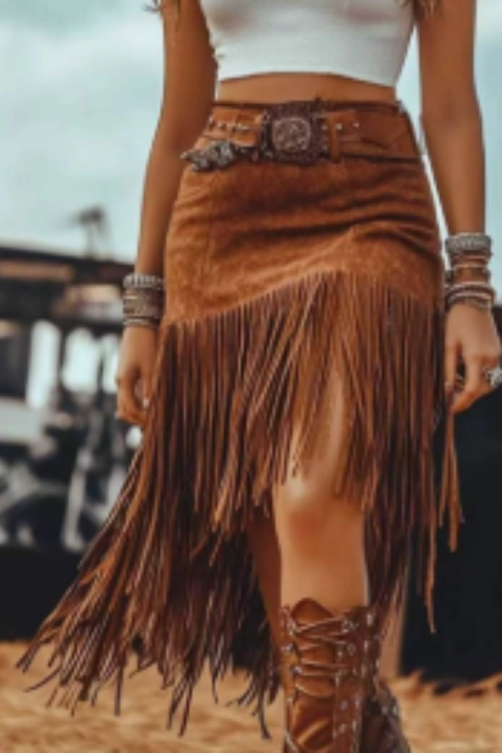 KROHN-E Damen Maxi-Rock mit Fransen-Details und Taillenbindung Boho-Style