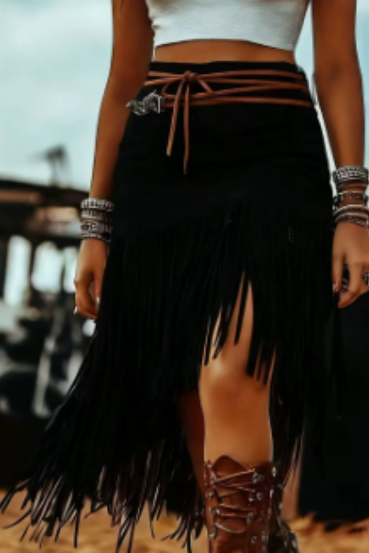 KROHN-E Damen Maxi-Rock mit Fransen-Details und Taillenbindung Boho-Style