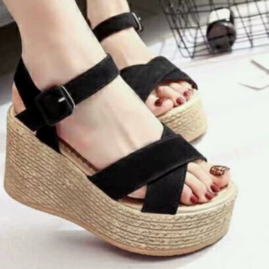 KROHN-E Damen Keilabsatz Sandalen Beige Kunstleder