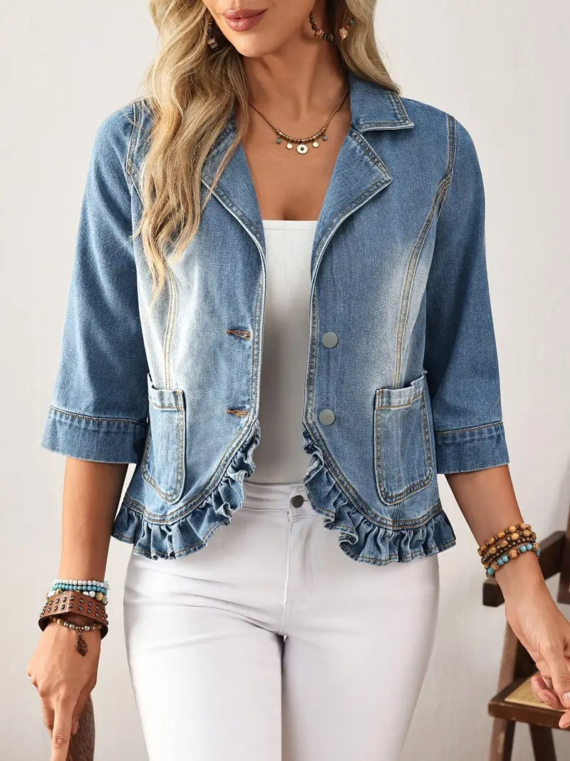 Krohn-e | Rüschen Denim Blazer Jacke Hellwasch Jeans Oberbekleidung