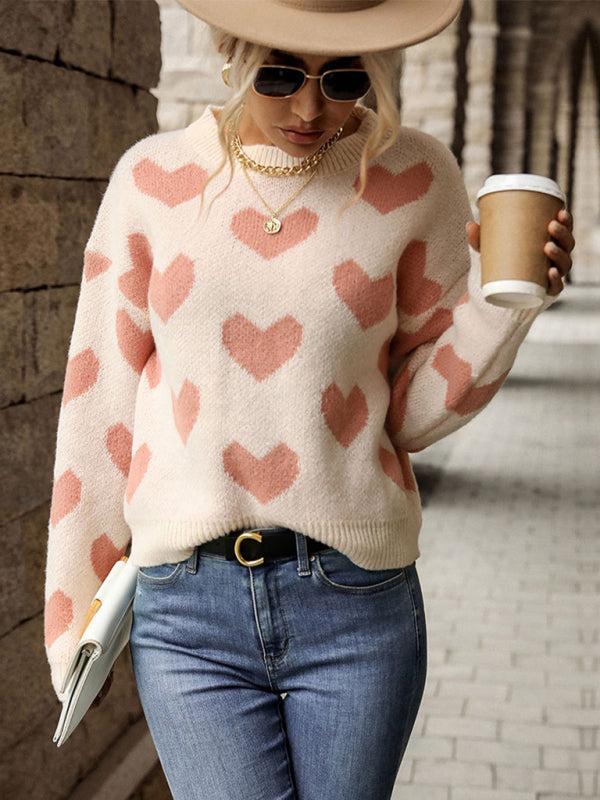 Krohn-e | Pullover - Damen Herbst Freizeit Herzdruck Strickpullover