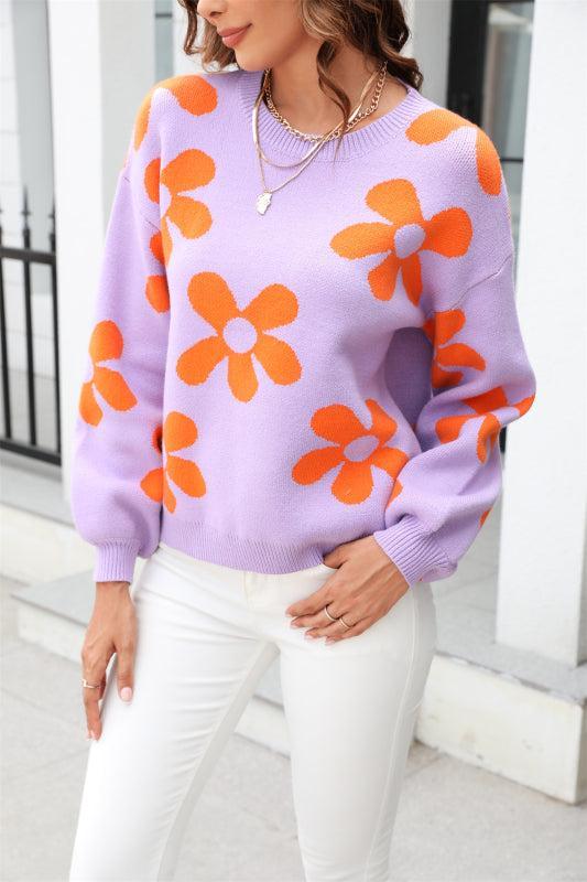 Krohn-e | Pullover - Damen Herbst Floral Druck Lockere Passform Rundhals Pullover