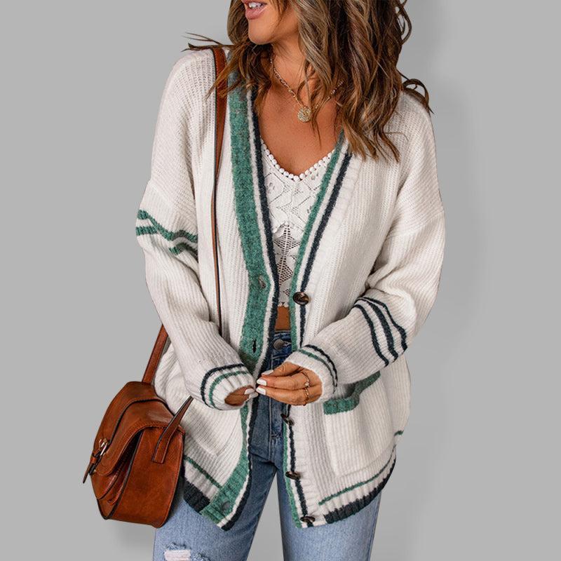 Krohn-e | Cardigan - Damen Herbst Streifenrand Kabelstrick V-Ausschnitt Cardigan mit Taschen