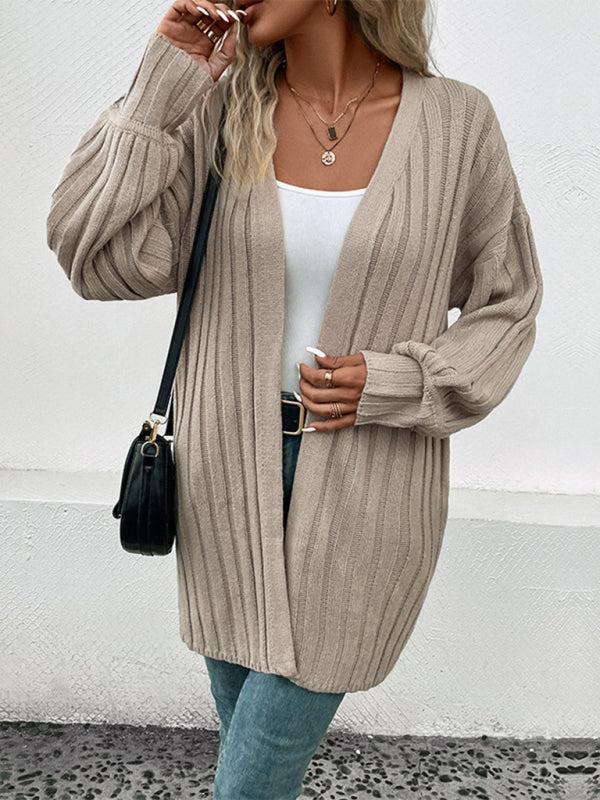 Krohn-e | Cardigan - Damen Herbst Weitgerippter Offener Front Mittellanger Cardigan