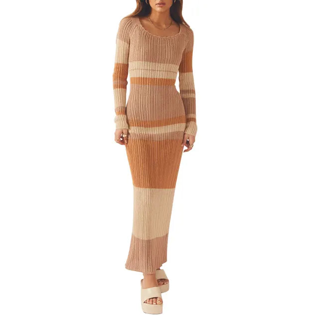 Maxikleid Jonna: Schulterfrei, gestreift, gestrickt