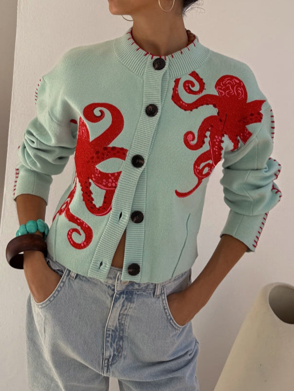 KROHN-E Damen Oversize-Cardigan Kraken-Motiv Mintgrün