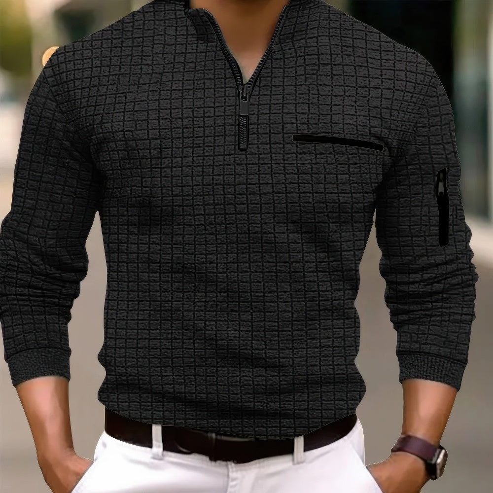 Baumwoll-Poloshirt für Herren mit Reißverschluss, Langarm und Casual-Look