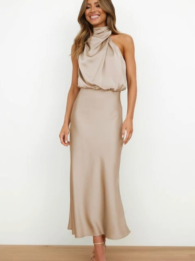 KROHN-E Damen Abendkleid Neckholder Satin A-Linie Elegant