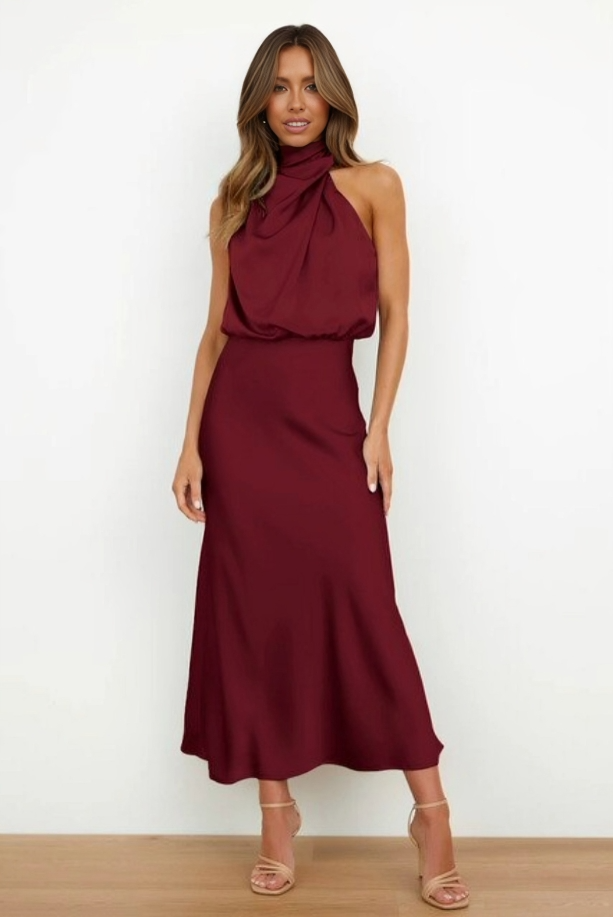 KROHN-E Damen Abendkleid Neckholder-Design bodenlang Satin