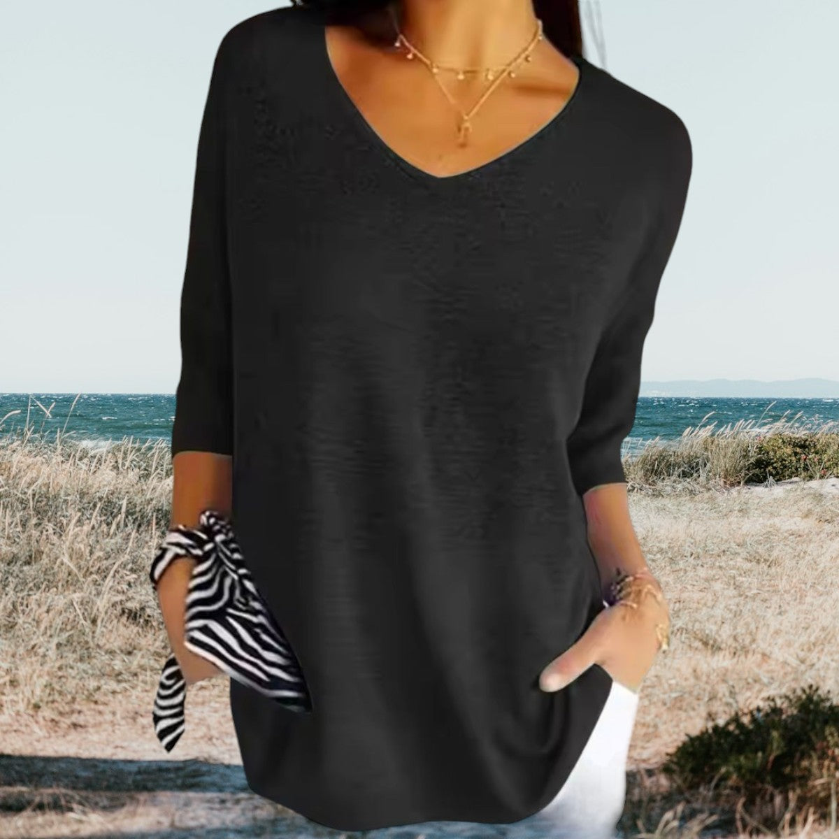 Greta | Damen pullover 3/4 Arm V-Ausschnitt Übergroß