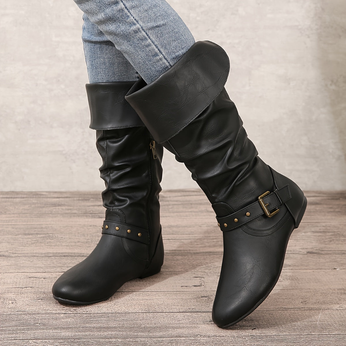 KROHN-E Damen Kniehöhe Stiefel Reißverschluss Robuste Sohle Schwarz Elegant