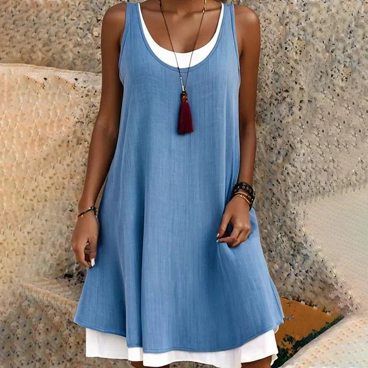 KROHN-E Damen Lagen-Mini-Kleid Ärmellos Rundhals Zweifarbig Schwarz-Weiß