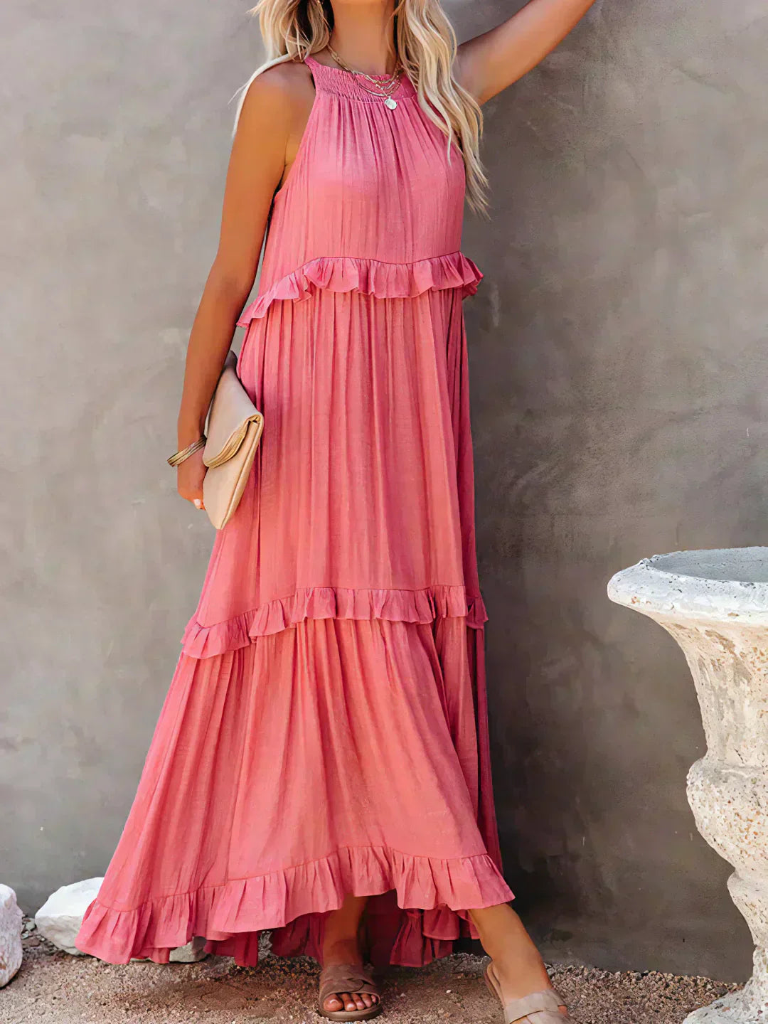 KROHN-E Damen Ärmelloses Kleid Rüschen Fließend Sommerkleid Romantisch