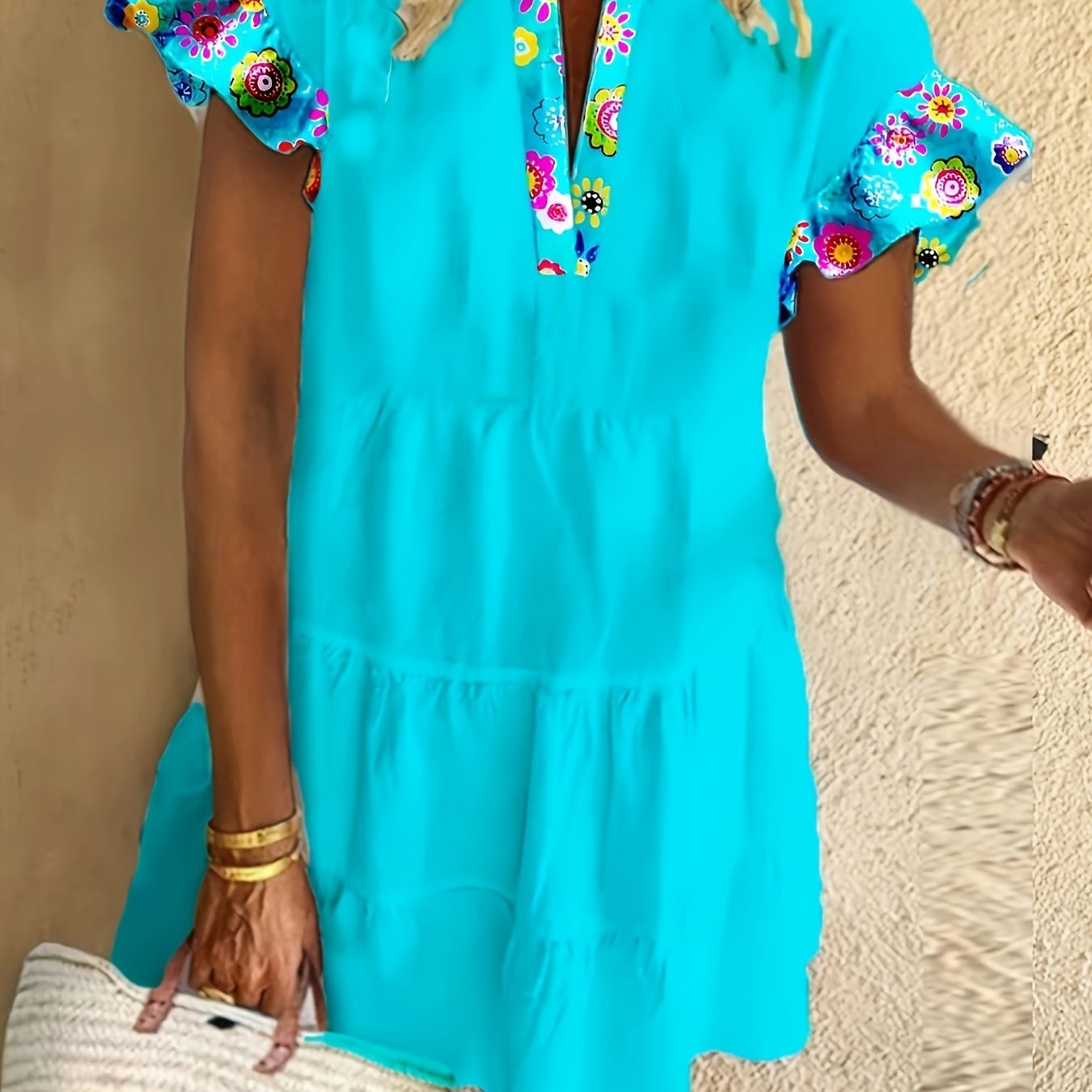KROHN-E Damen Boho Cocktailkleid A-Linie fließend gemustert