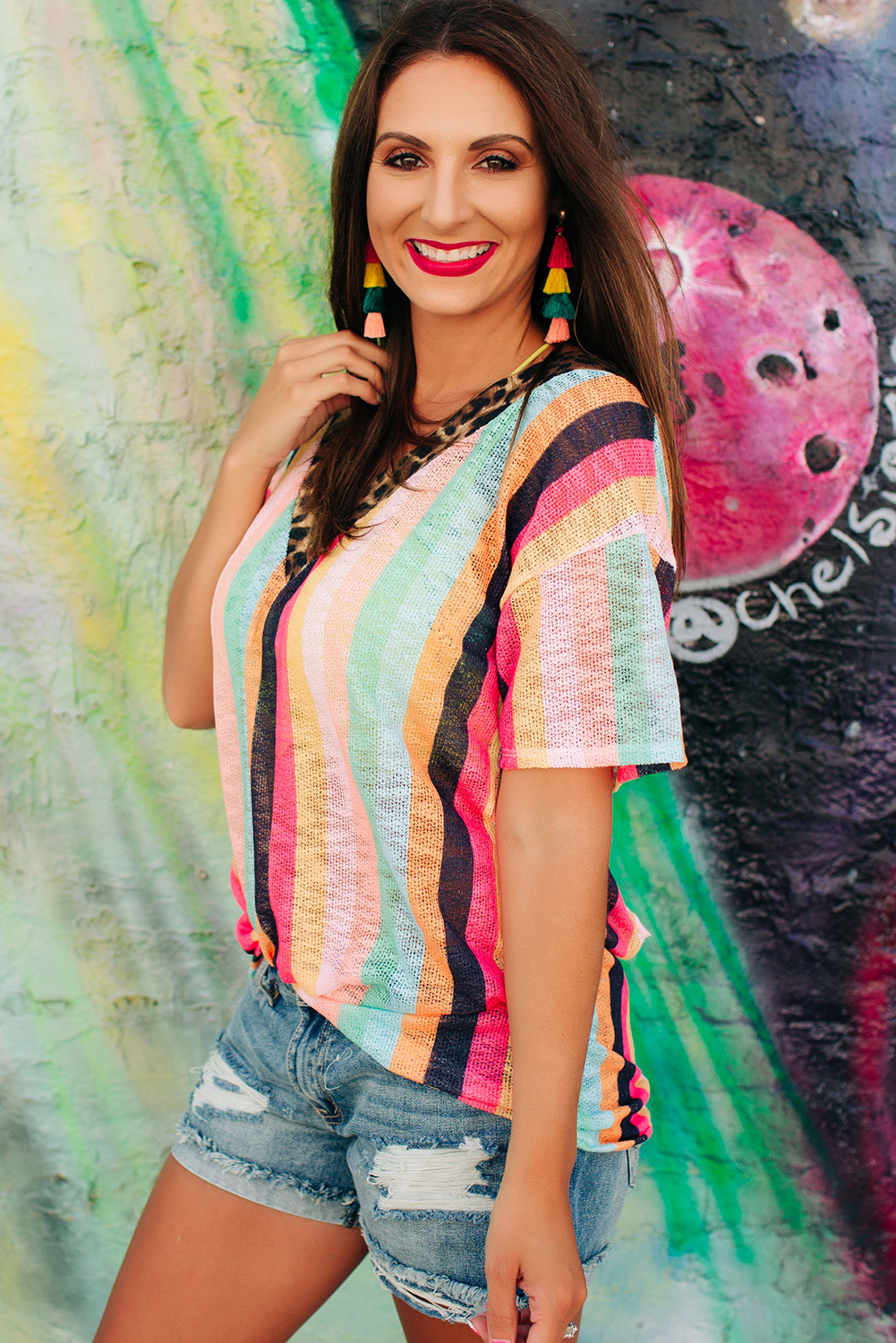 Fudus gestreiftes Leoparden-V-Neck-Top