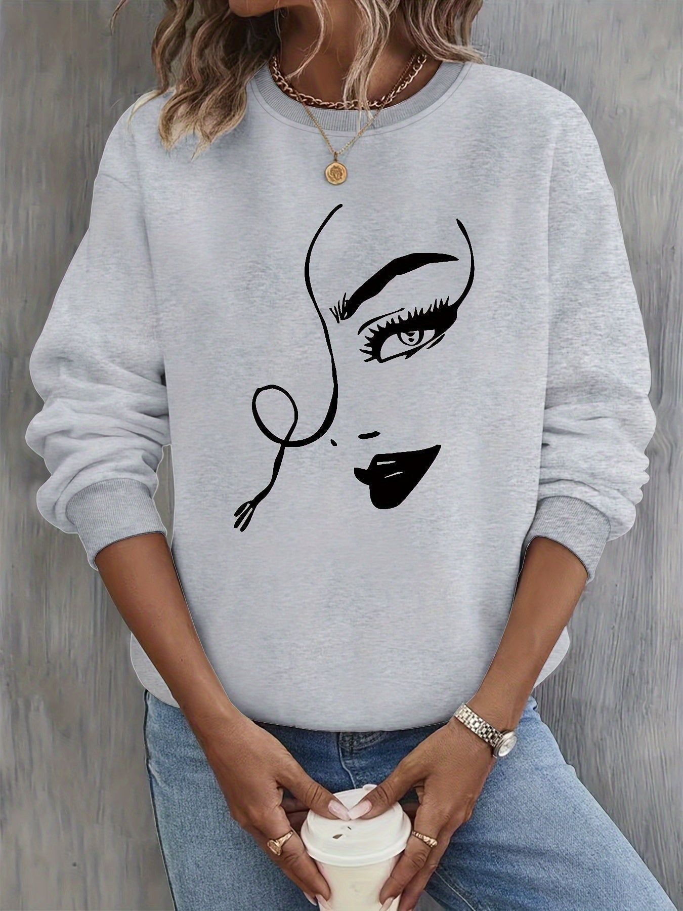 Krohn-e | Sweatshirt mit Künstlerischem Gesicht Baumwolle Trendy und Bequem