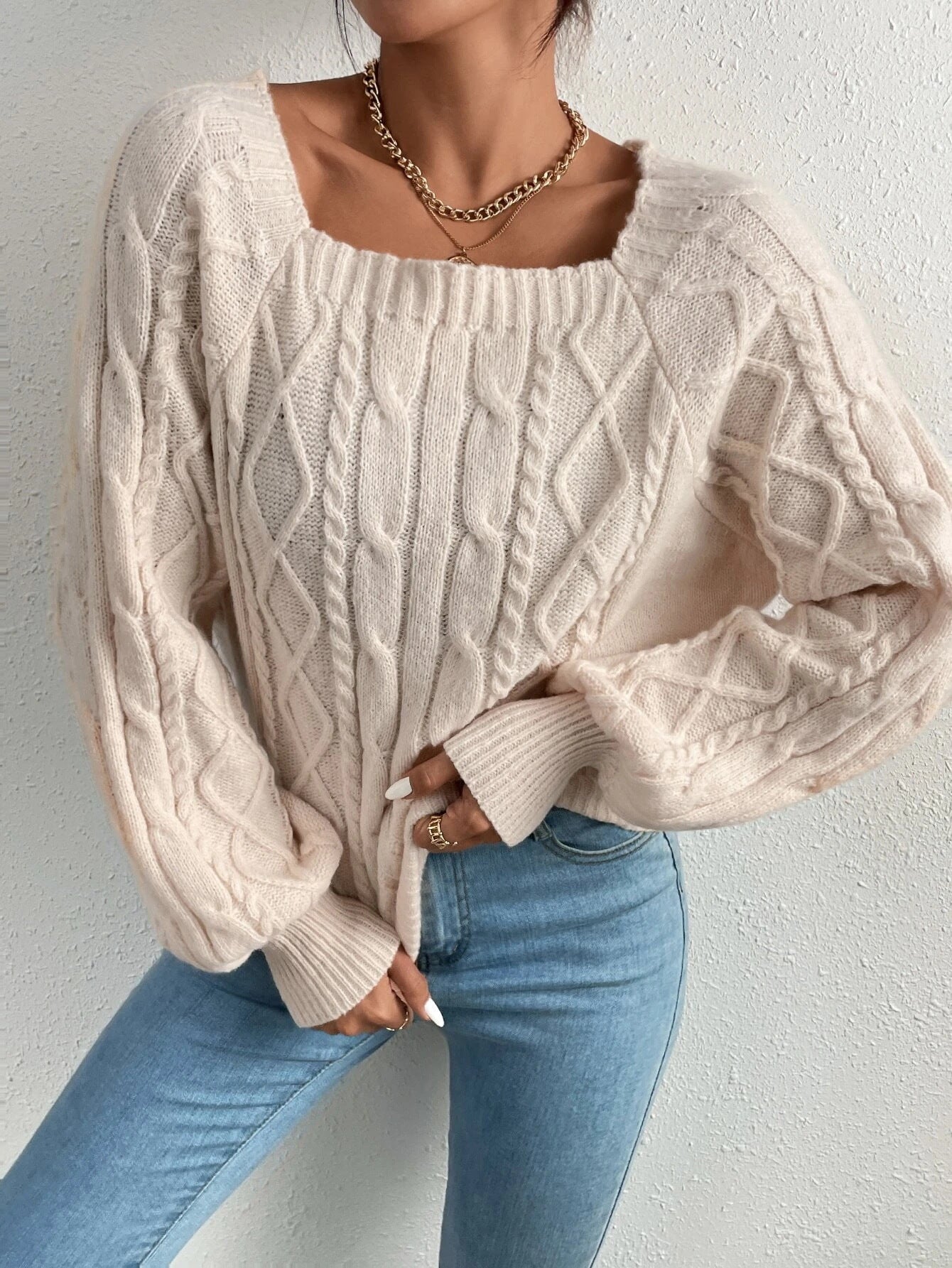 Krohn-e | Strickbluse mit Quadratischem Ausschnitt Weich und Elegant Kabelstrick - Krohn-e