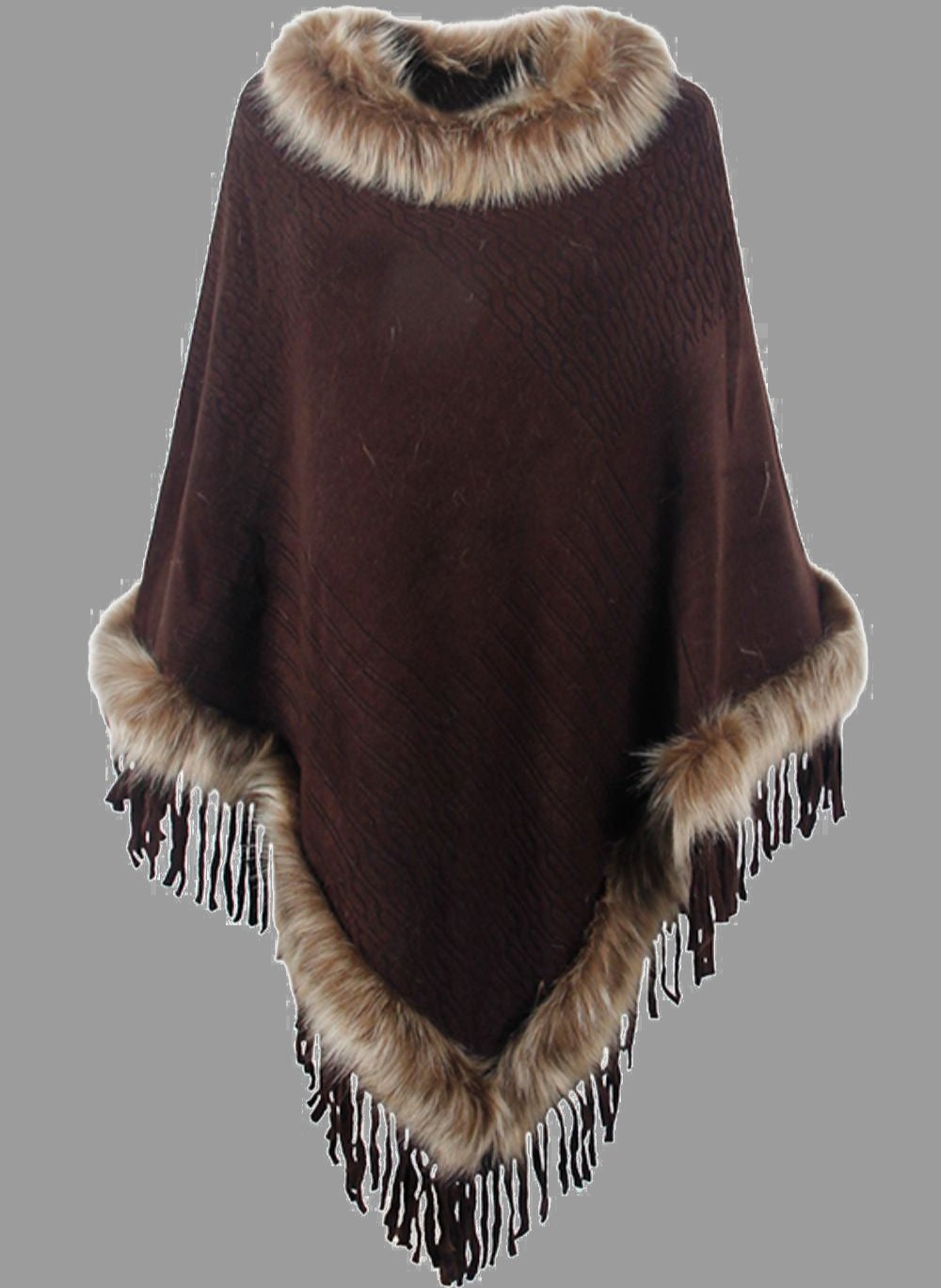 Krohn-e | Elegante Damen Poncho mit Pelzkragen und Fransen