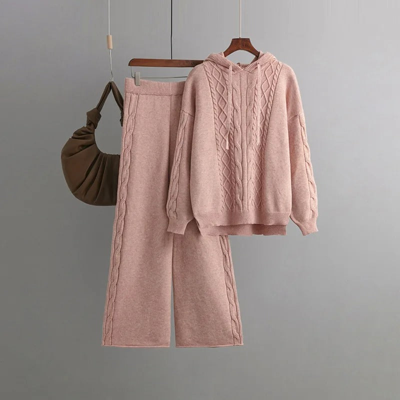 Langarm-Strickpullover mit weiten Hosen – Zweiteiliger Satz