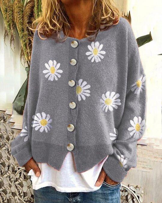 Krohn-e | Blumengemusterte Strickjacke Weich und Leicht Lässige Eleganz