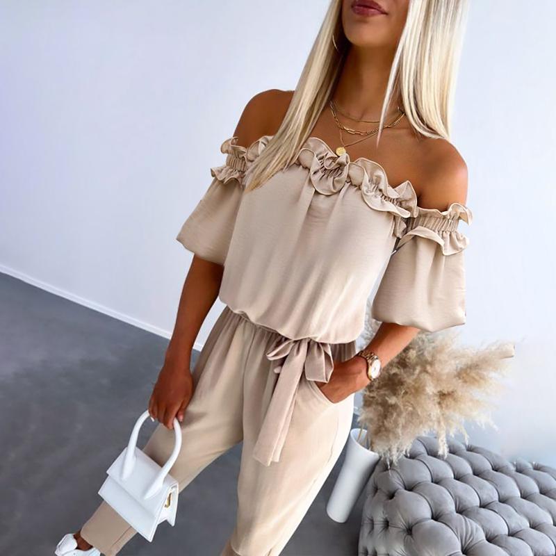 KROHN-E Damen Off-Shoulder Jumpsuit Rüschen Taillengürtel