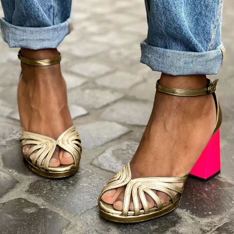 KROHN-E Damen Klassische Sandalen Knöchelriemen Block-Absatz