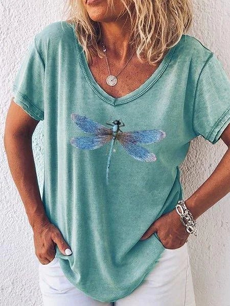 KROHN-E Damen V-Ausschnitt T-Shirt Libellen-Print Rosa Casual