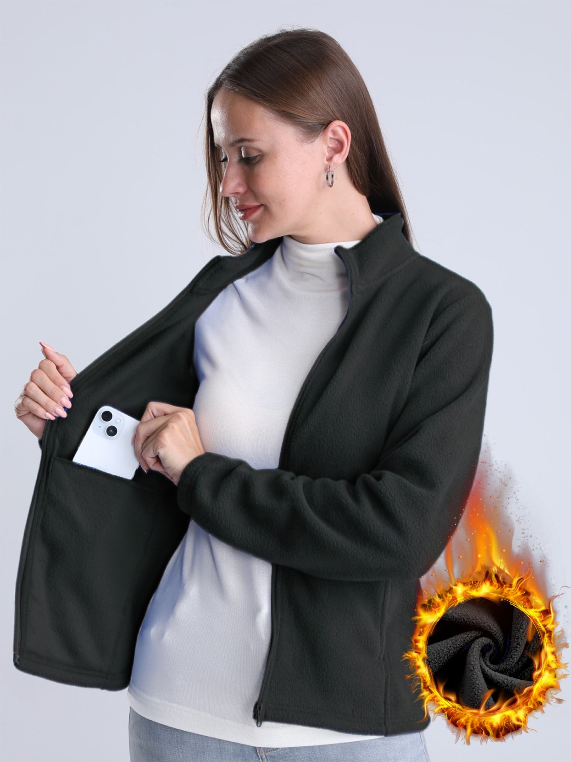 Krohn-e | Unifarbene Fleece-Jacke mit Reißverschluss und Taschen