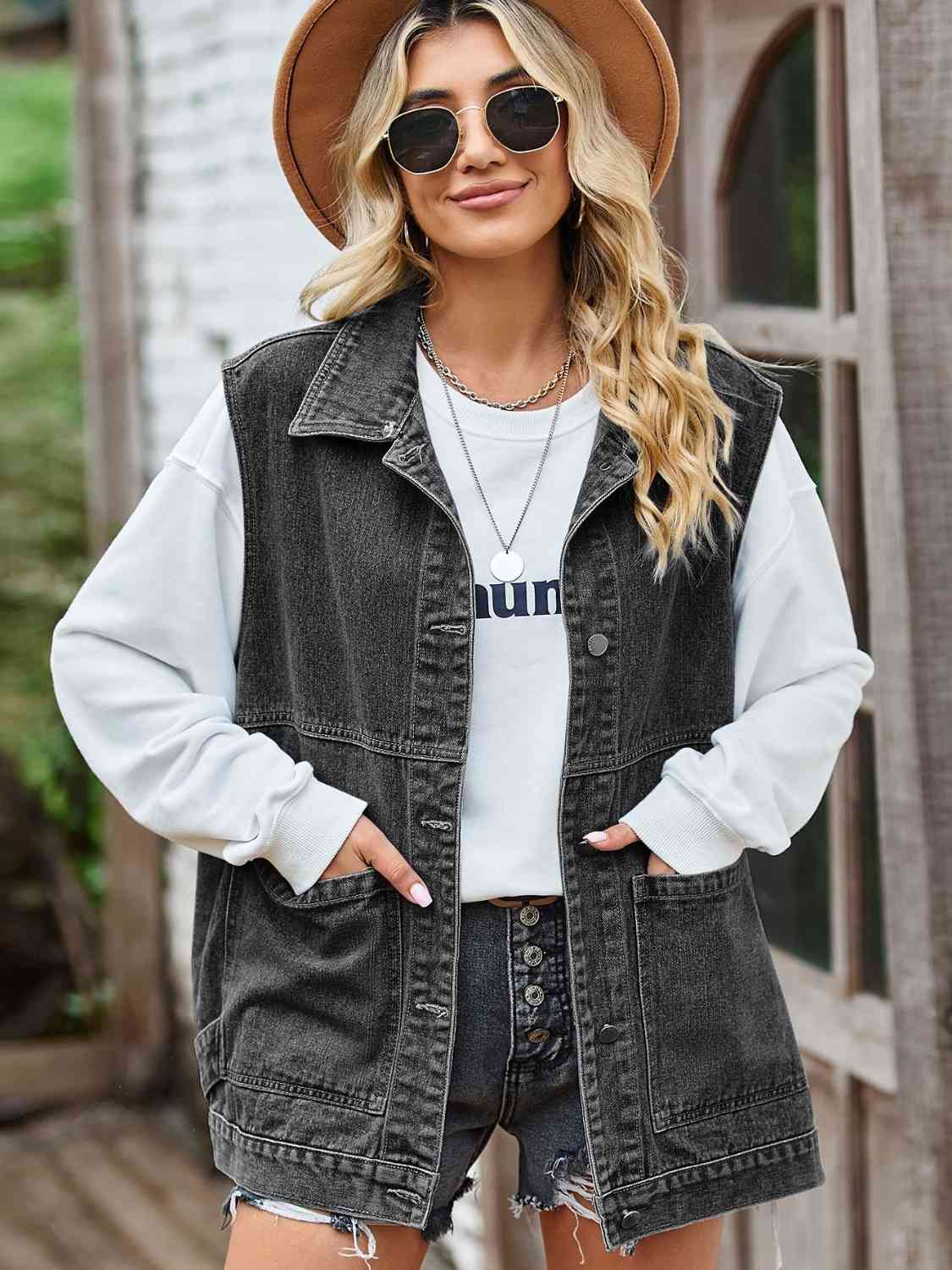 Krohn-e | Knopf-Front Ärmellose Jeansjacke