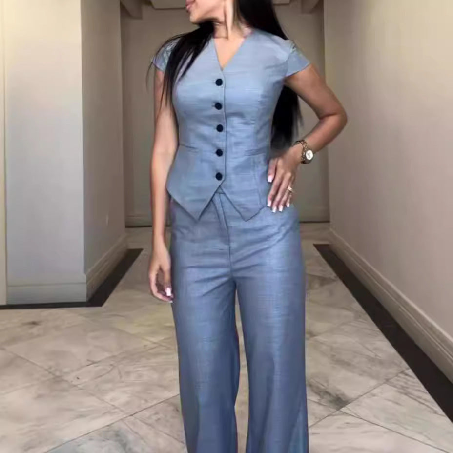 Fudus V-Neck Top and Straight-Leg Pant Suit