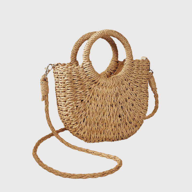 KROHN-E Damen Handtasche Geflochten Rund-Henkel Beige