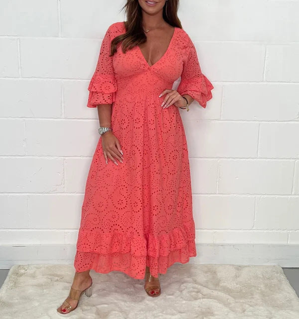 Fudus | Hochgeschnittenes, unifarbenes V-Ausschnitt-Kleid mit Stickerei