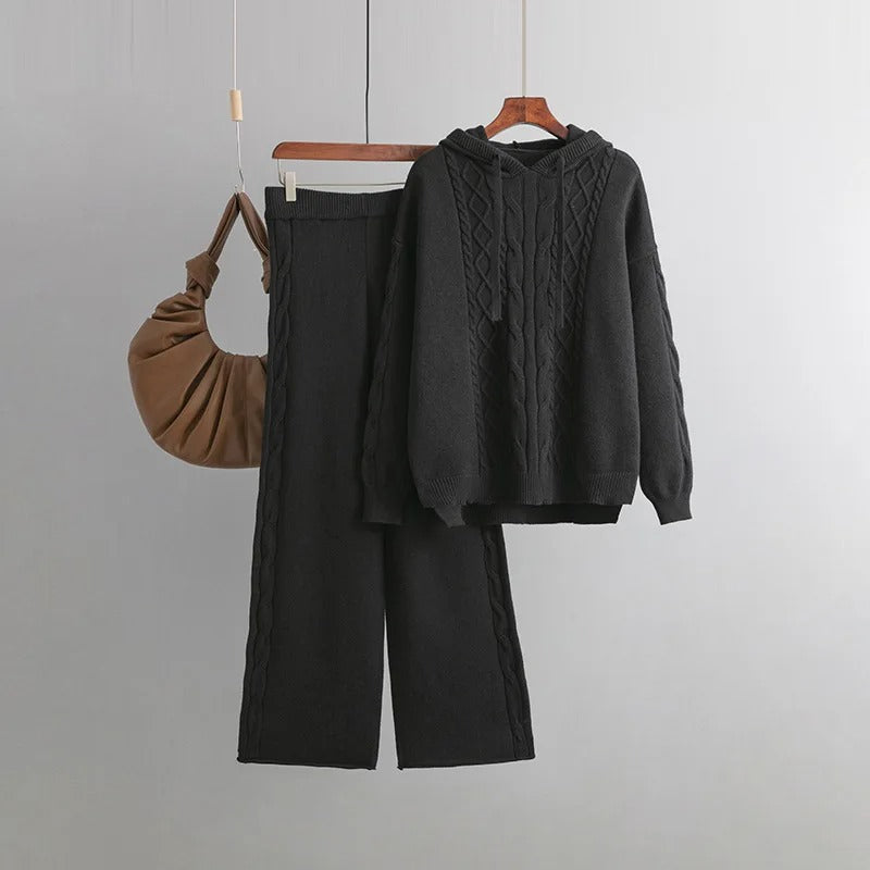 Langarm-Strickpullover mit weiten Hosen – Zweiteiliger Satz