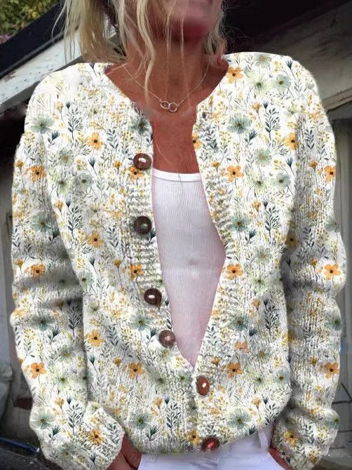 Krohn-e | Knopflose Strickjacke mit Blumenmuster Strick Elegant und Komfortabel