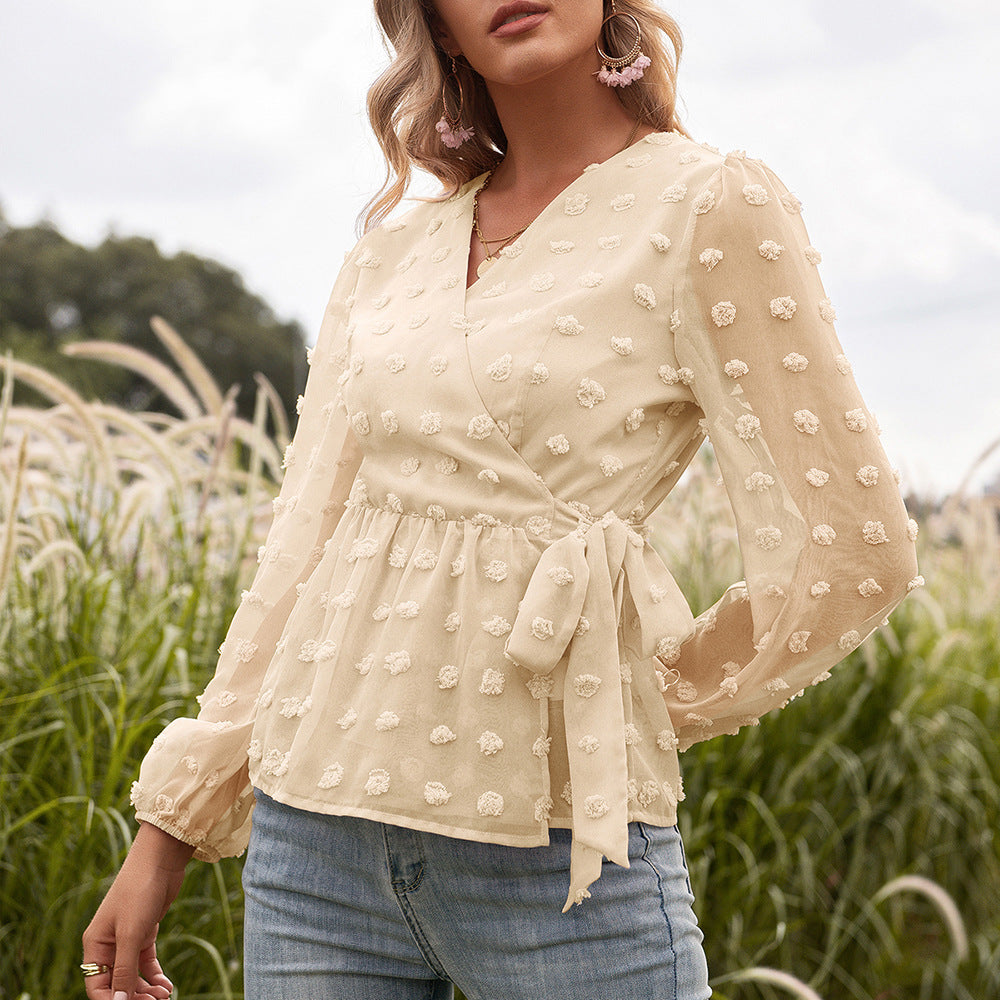 Fudus Jacquard Blouse with V-Neck and Long Sleeves