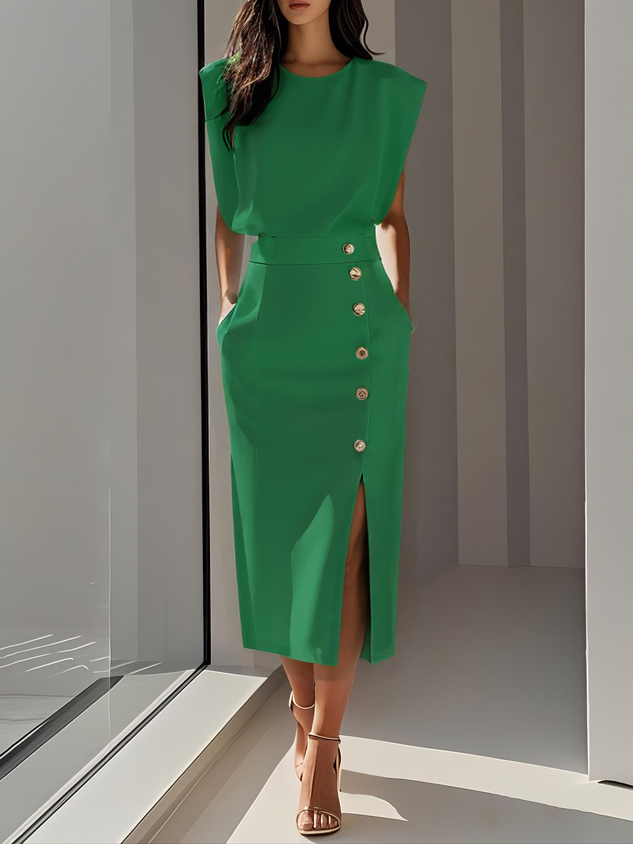 KROHN-E Damen Midi-Kleid Entspannter Schnitt Knopfdetail Vielseitig