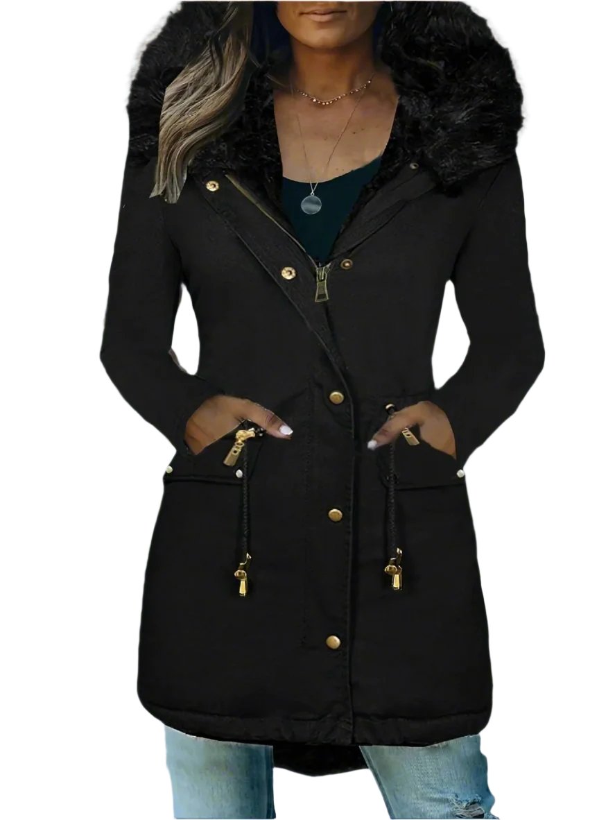 Krohn-e | Pelz Winterjacke für Damen - mit Kapuze und Taschen