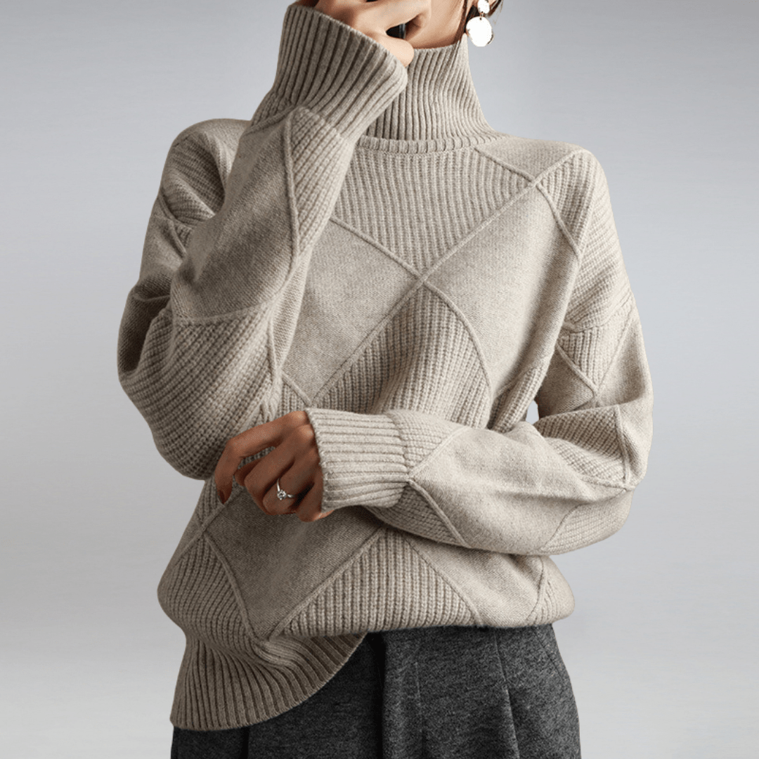 KROHN-E Damen Rollkragen Pullover Weich Beige Komfortabel