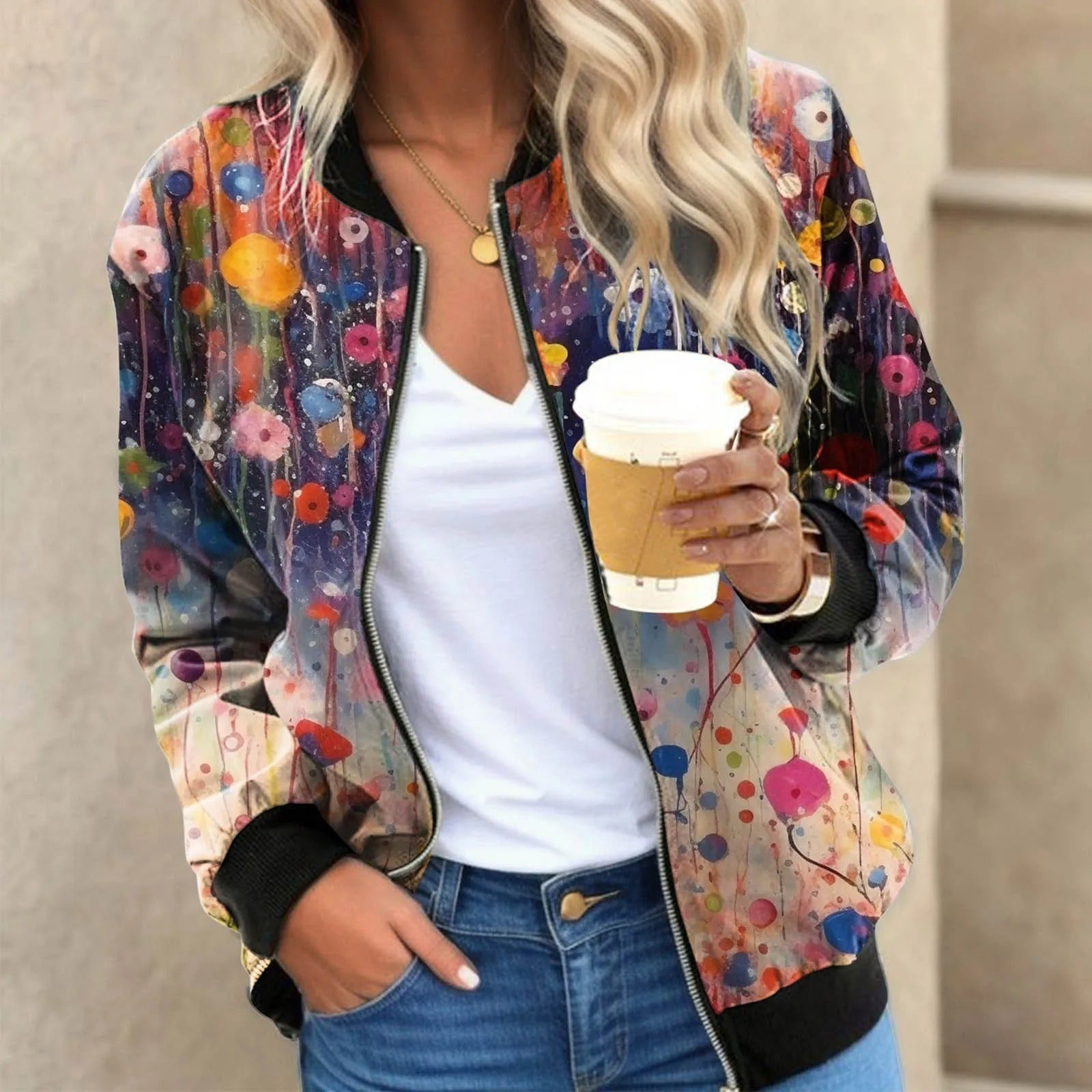Krohn-e | Blumengemusterte Bomberjacke mit Federprint Polyester Elegant und Lässig