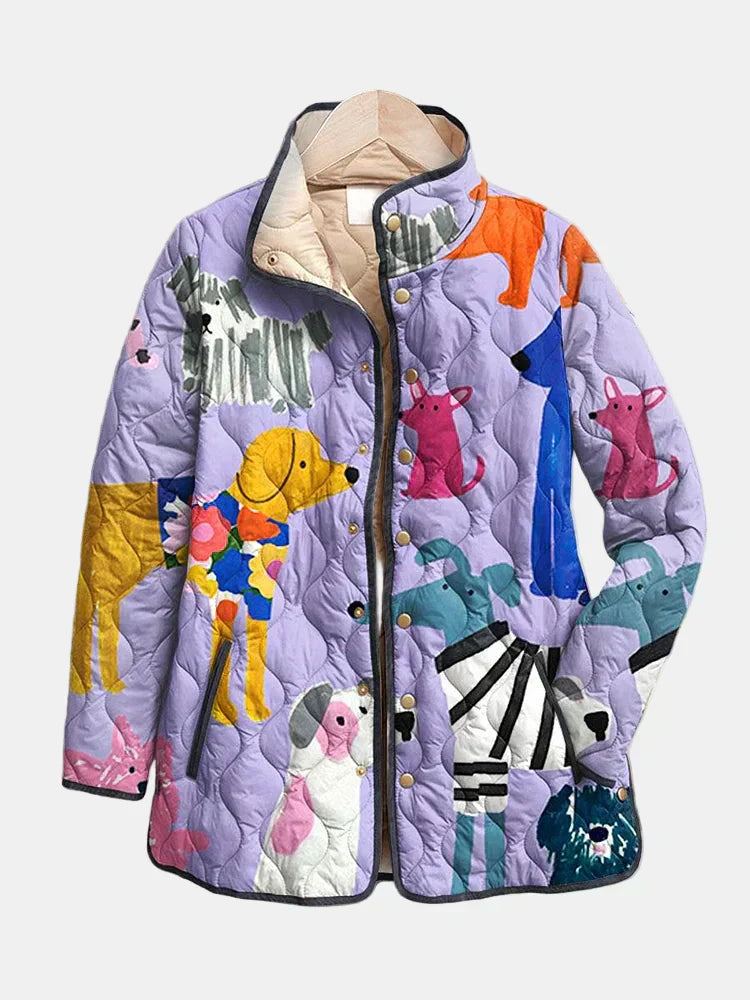 KROHN-E Damen Gesteppte Jacke Hunde-Print Casual