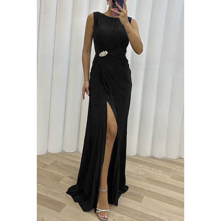 KROHN-E Damen Plissee Maxikleid Abendkleid Elegant Bodenlang