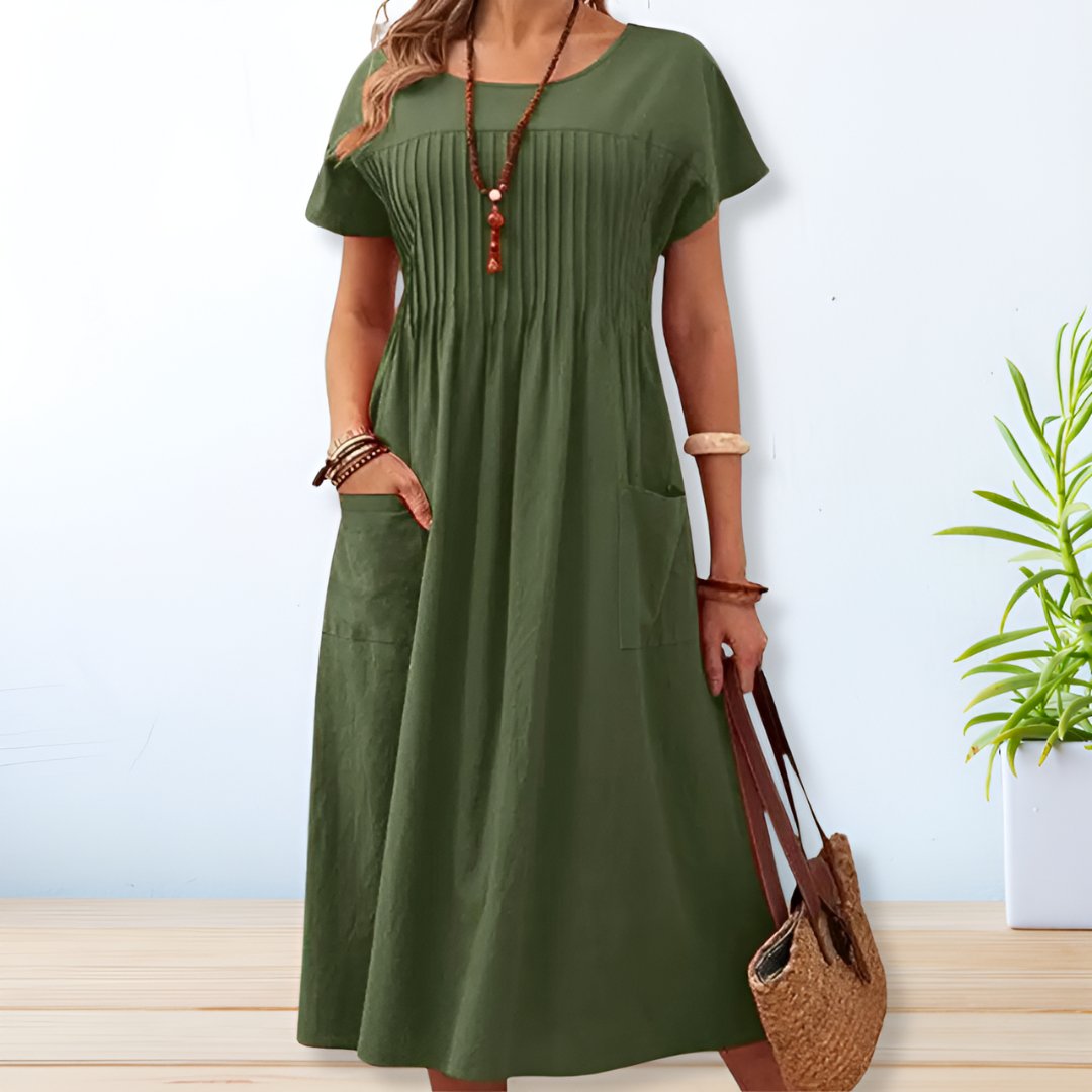 KROHN-E Damen Midi-Kleid Relaxed-Fit Kurzarm Taschen
