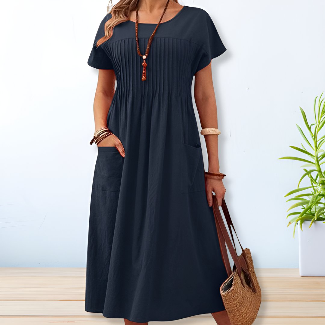 KROHN-E Damen Midi-Kleid Relaxed-Fit Kurzarm Taschen Vielseitig