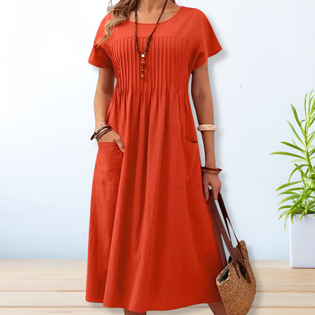KROHN-E Damen Midi-Kleid Relaxed-Fit Kurzarm Taschen Vielseitig