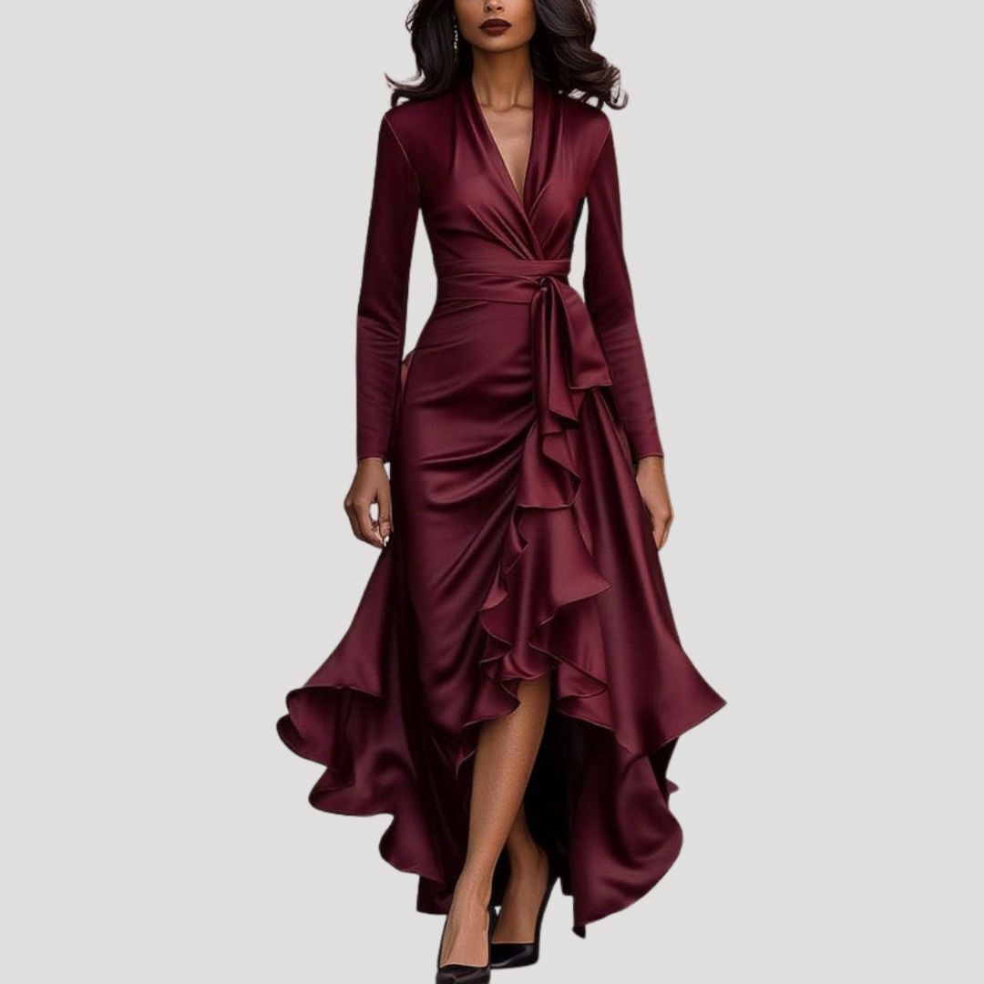 Anneliese | Damen Wickelkleid Langarm Volant Maxikleid