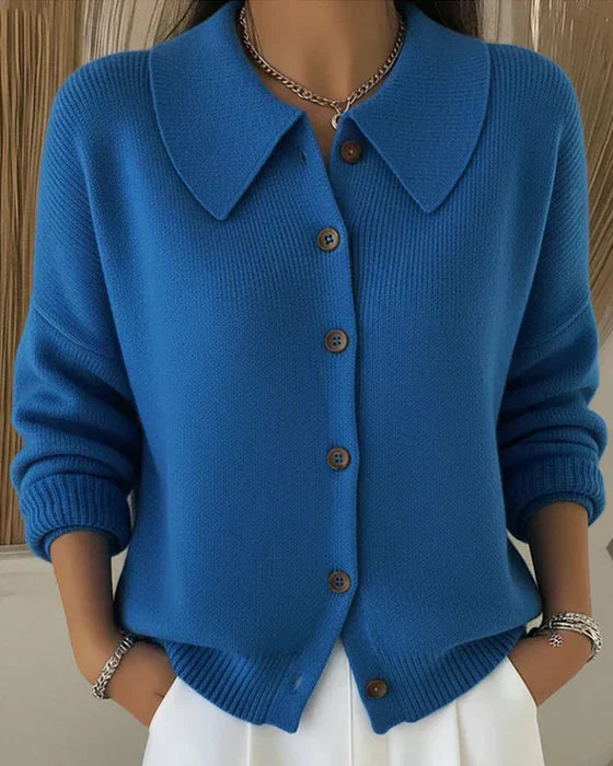 KROHN-E Damen Strickjacke Knopfleiste Kragen Grau