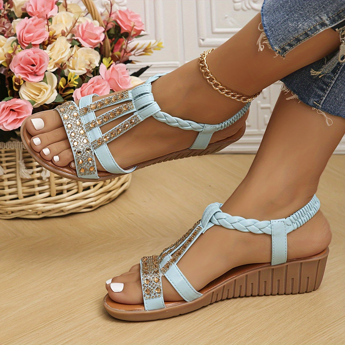KROHN-E Damen Sandalen Geflochten Strass Riemen Gold