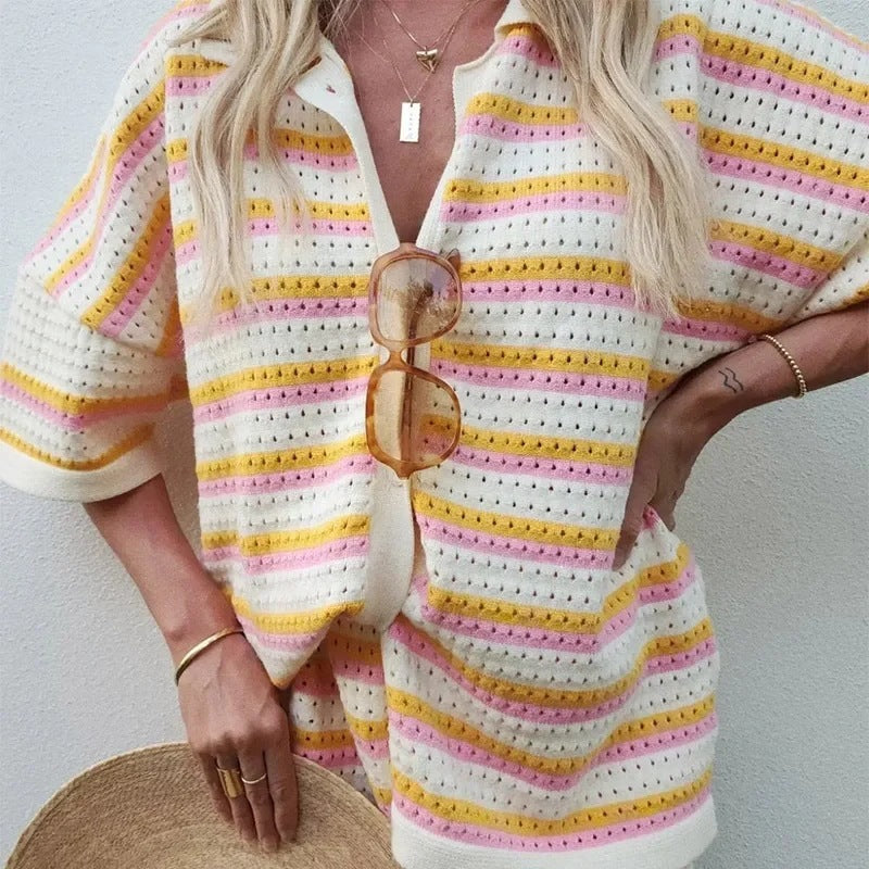 Fudus Oberteil und Shorts mit Kontrastfarben, Reverskragen und Streifen