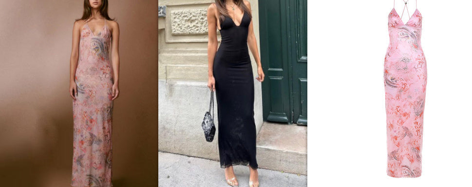 Fudus Blumenmuster-Halterkleid mit Spaghettiträgern, figurbetonter Passform und Schmetterlingsrücken