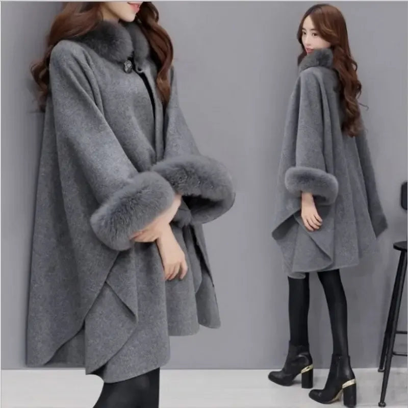 Krohn-e | Cape-Jacke - eleganter Damen-Cape mit Kunstpelz-Besatz